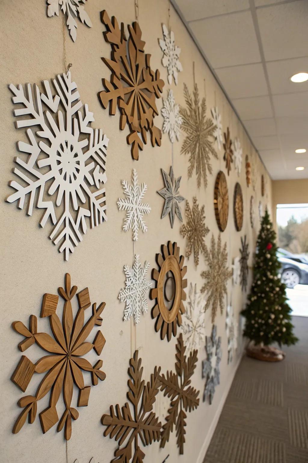 Snowflake wall art infuses the allure of a snowy day indoors.