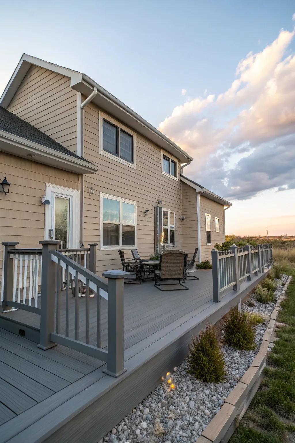 A contemporary gray deck injects a modern vibe into a beige house, suited for those who appreciate a chic look.