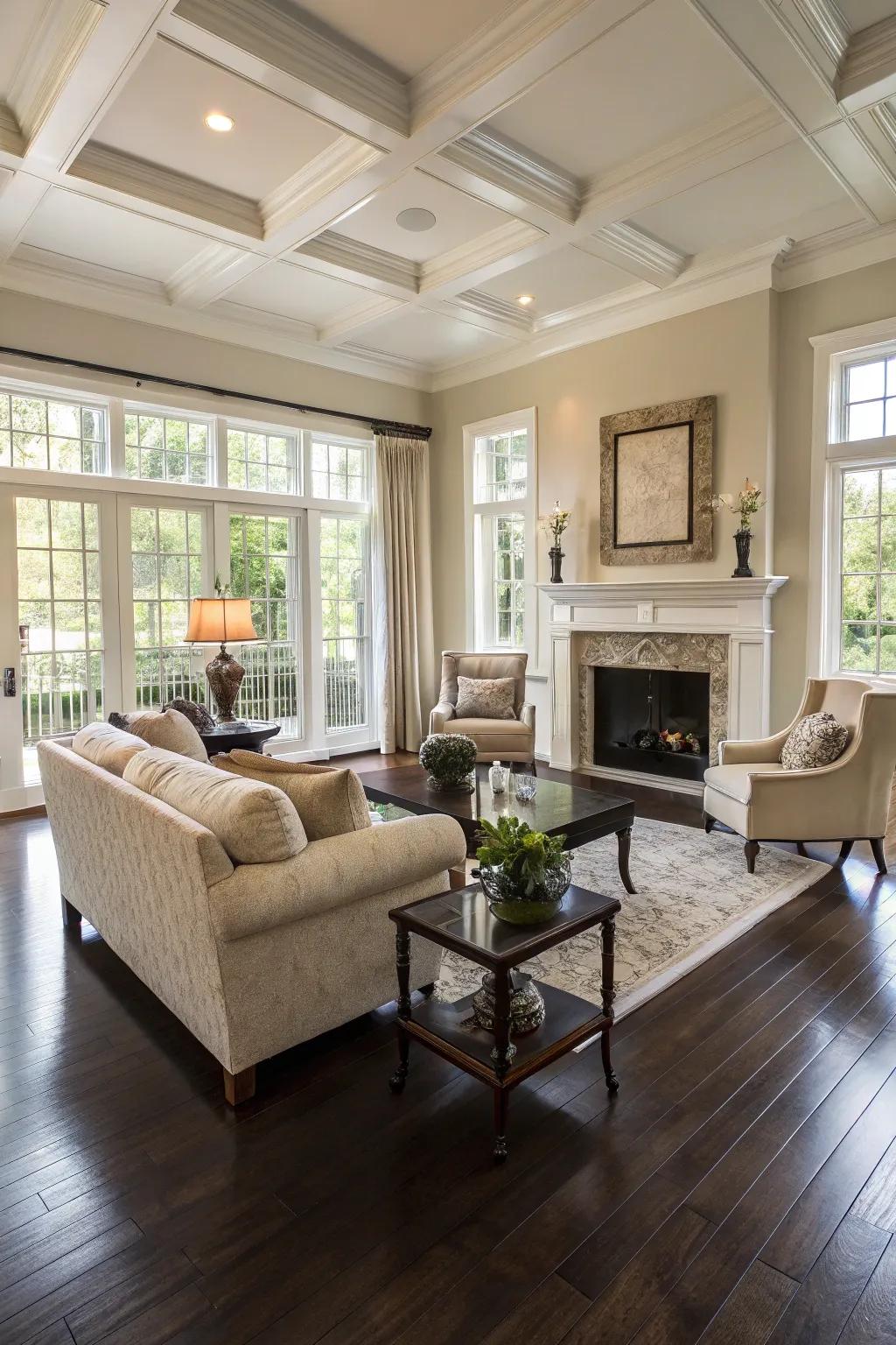 A lavish living space showcasing deep toned timber flooring.