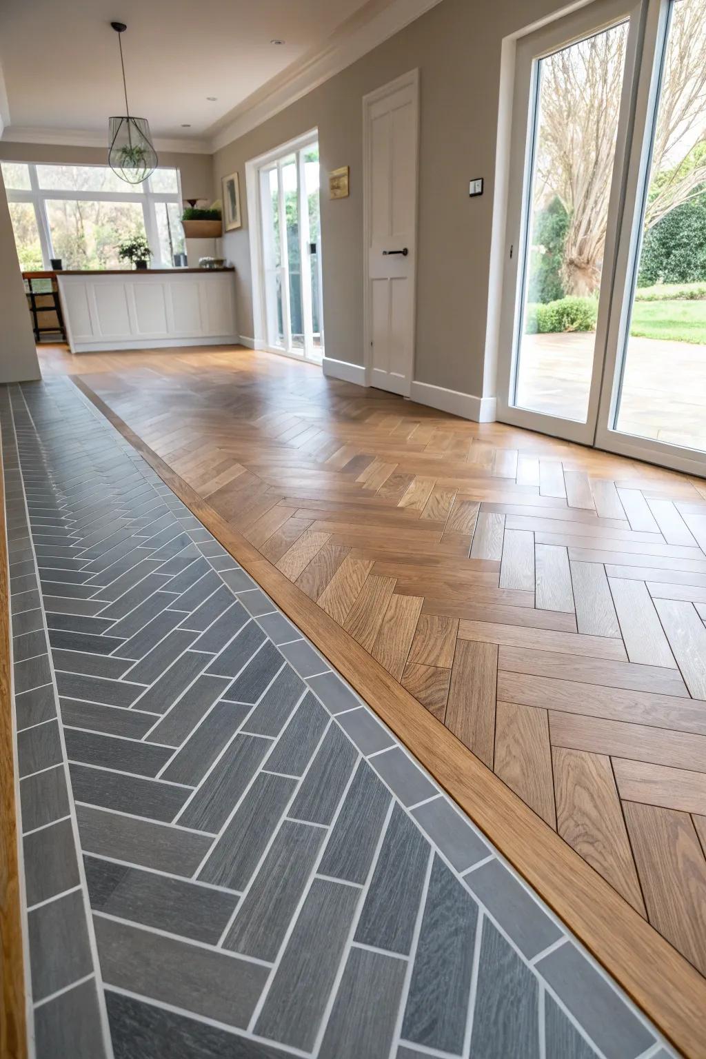 An open-concept area features a chevron pattern, smoothly transitioning from tile to wood flooring.