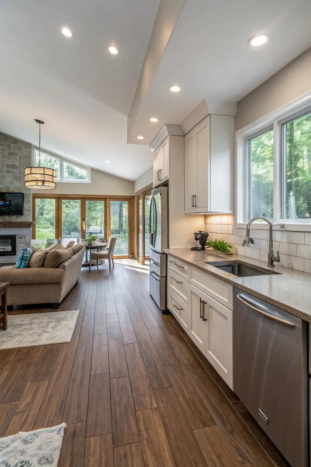 Flawless bridges from porcelain to timber foster a harmonious movement between spaces.