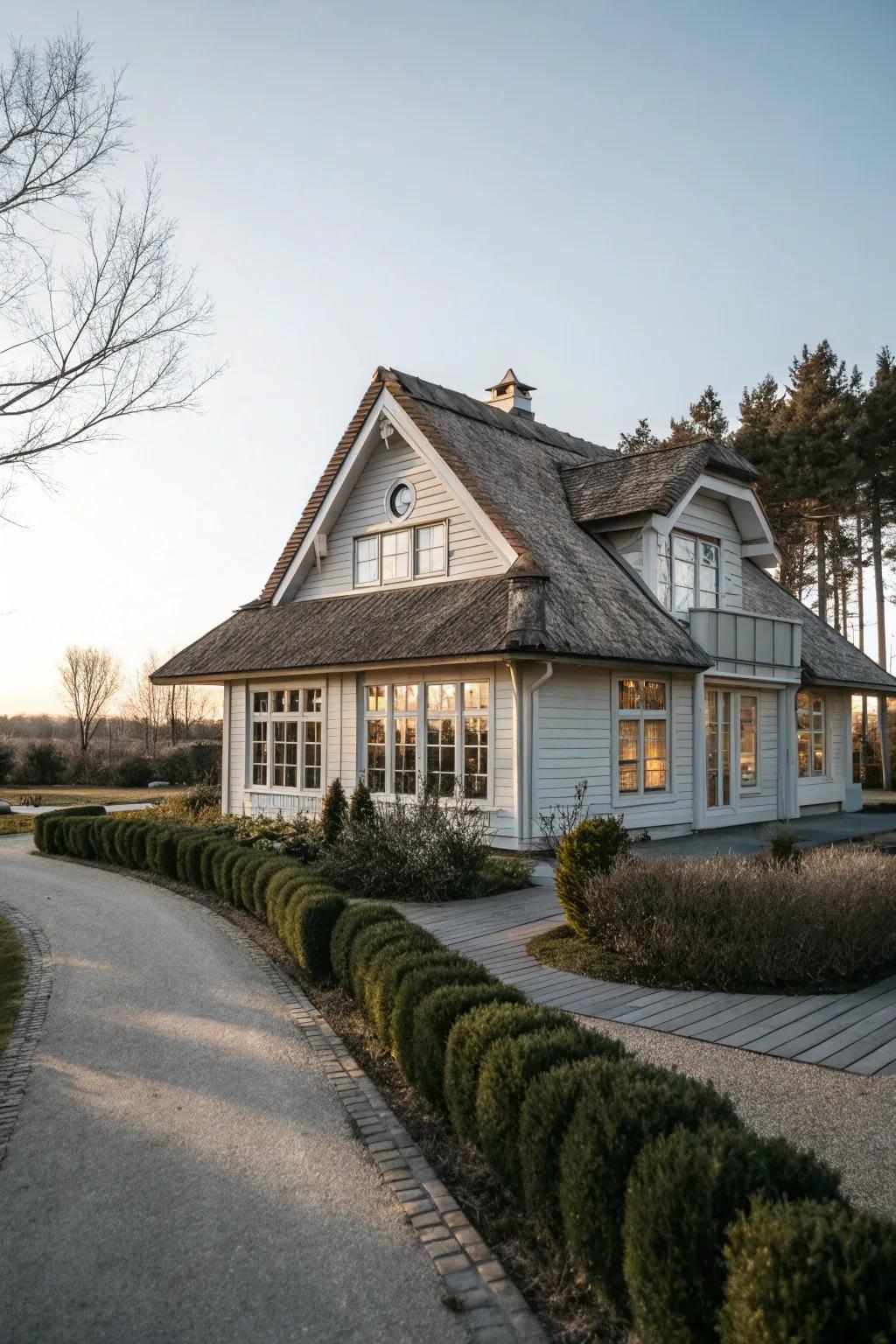 A wood-clad house painted in organic, neutral tones, radiating simplicity and grace.
