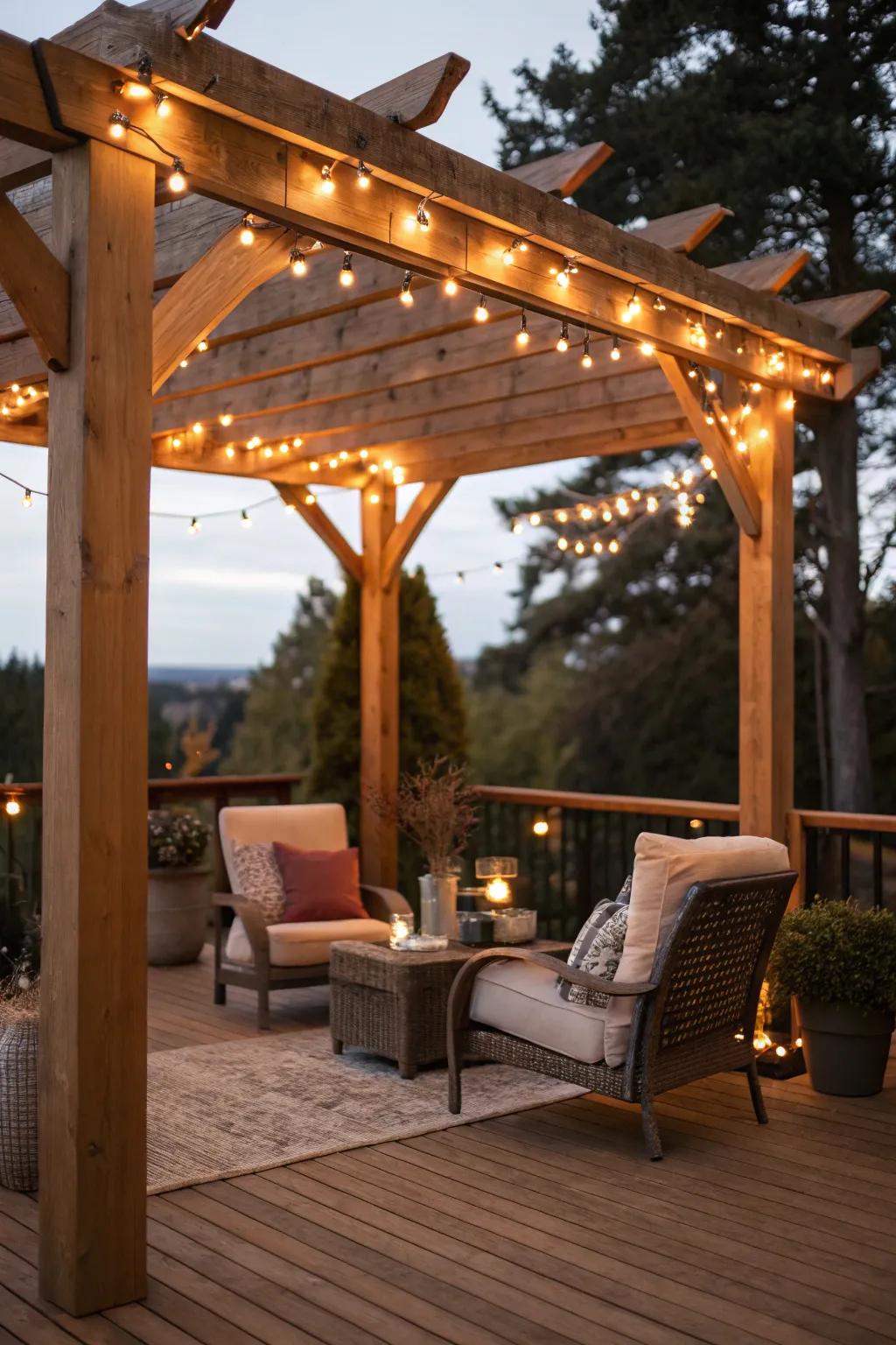 A warmly lit patio cover perfect for evening relaxation.
