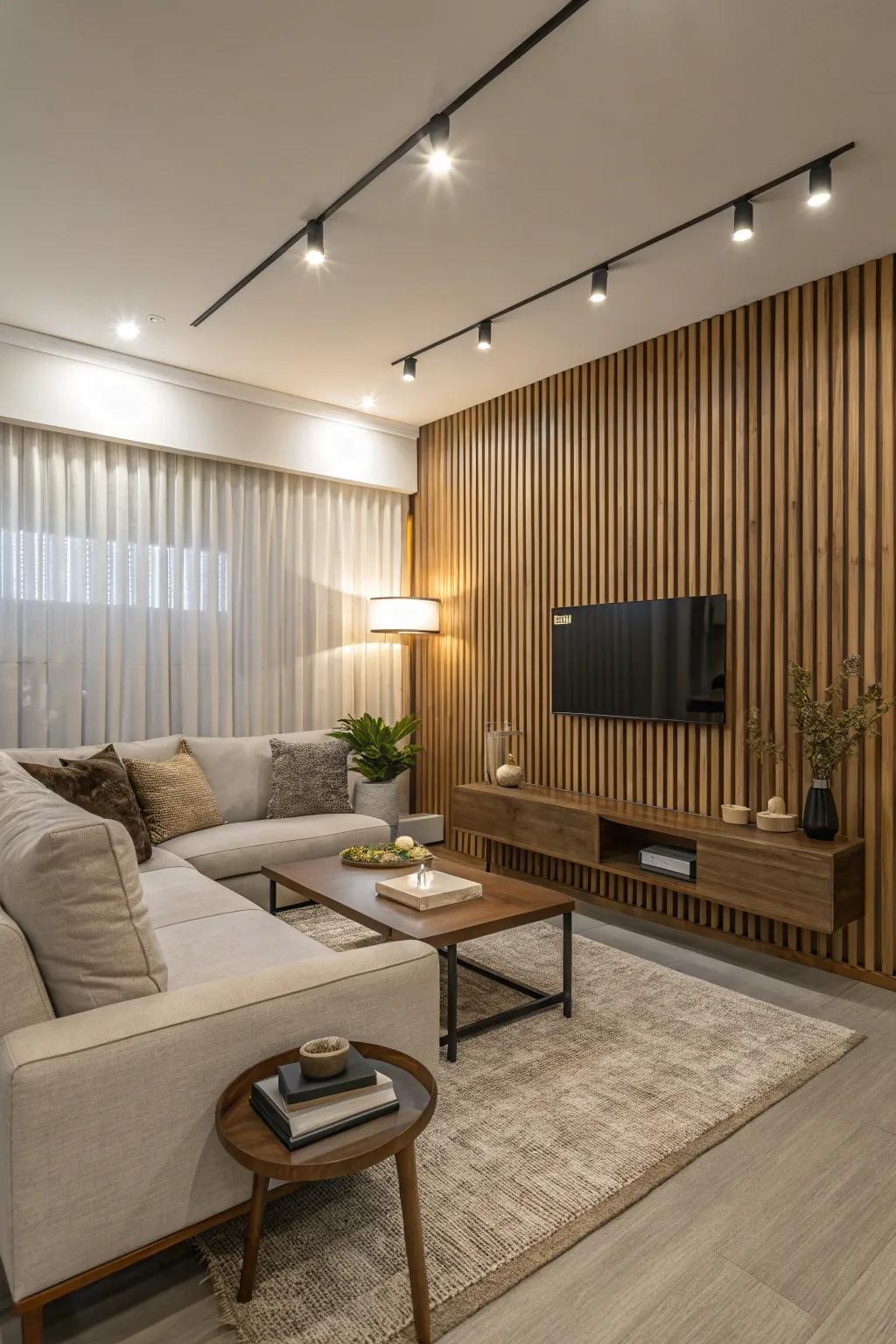 Create a striking impression using a wooden panel accent wall.