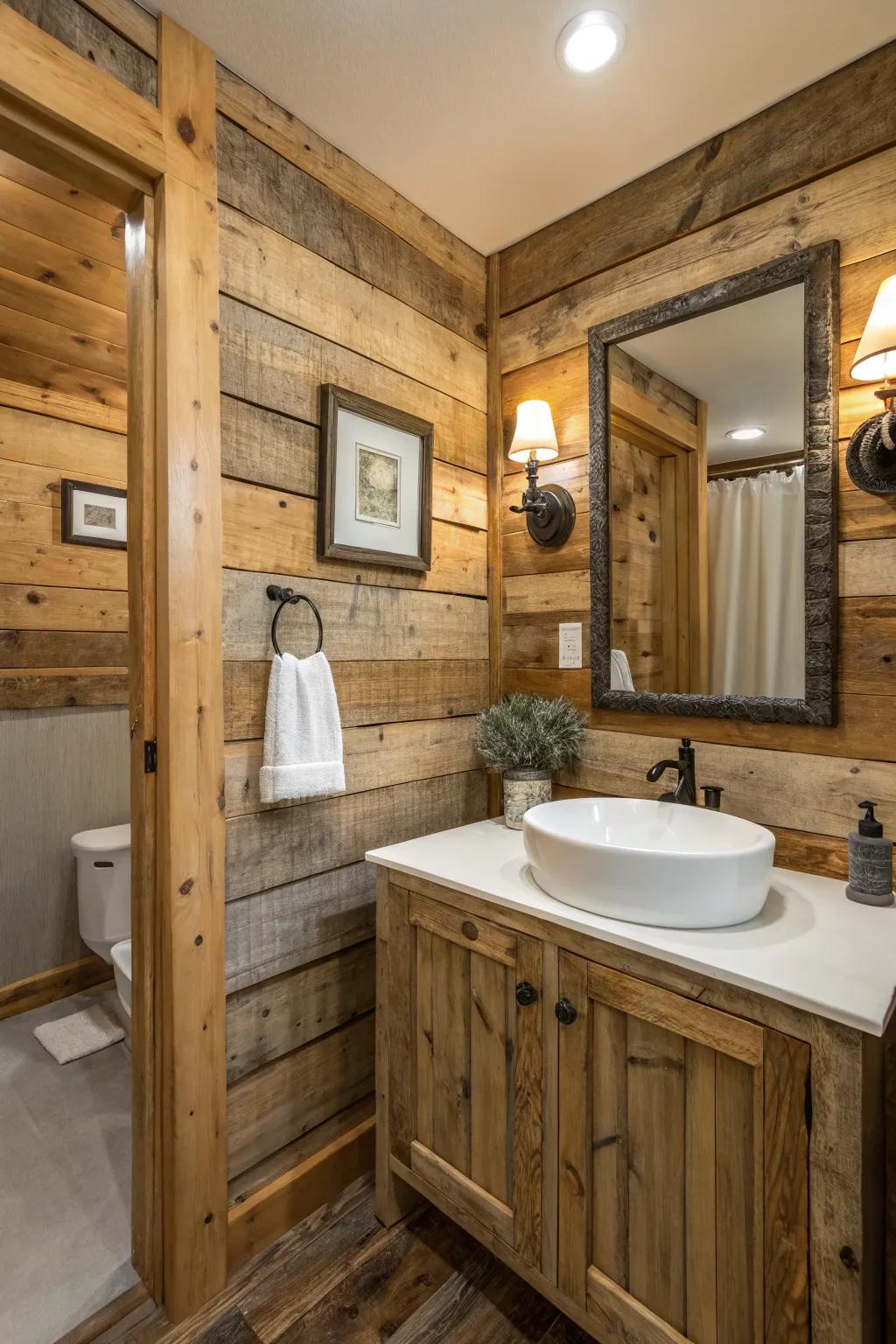 A bathroom showing the appeal of recovered wood walls.
