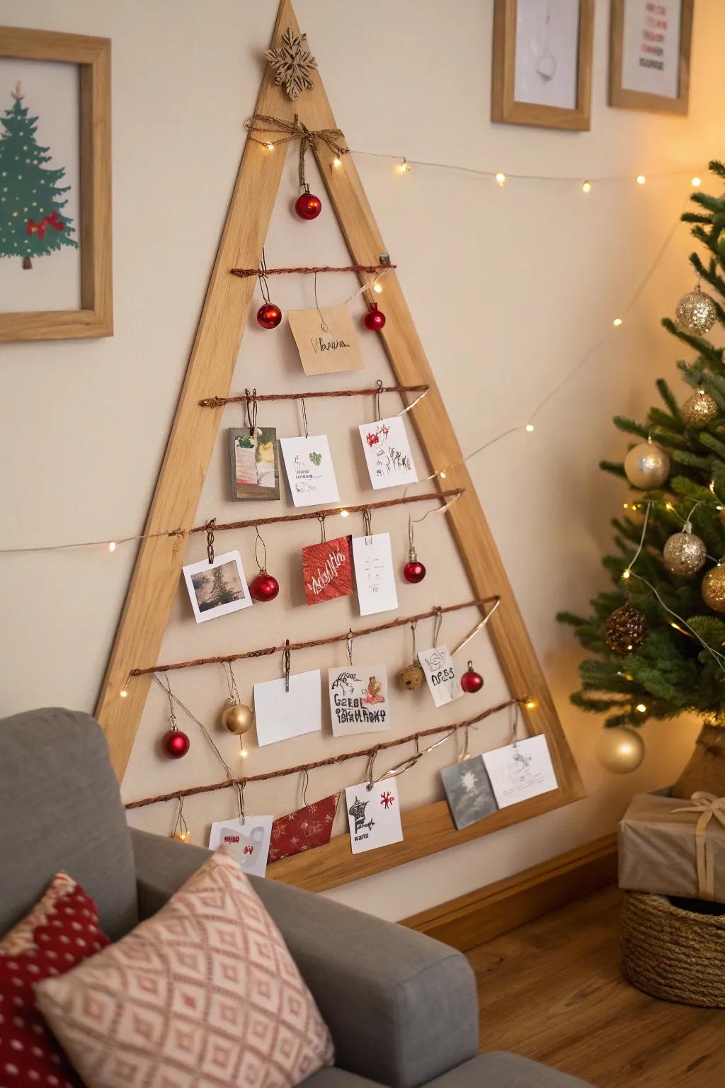 A sleek wall-affixed tree perfect for showcasing cards and ornaments.