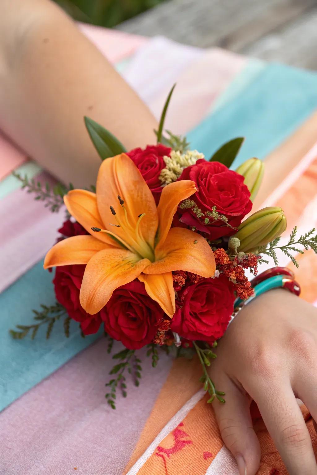 Vibrant wrist adornment featuring vivid lilies and crimson peonies.