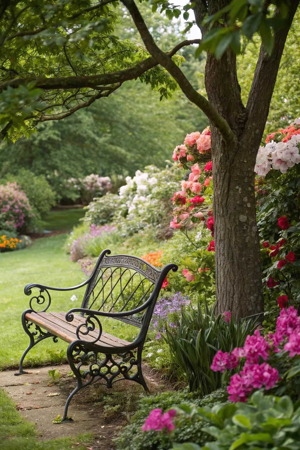 An iron bench invites you to unwind in your peaceful garden.