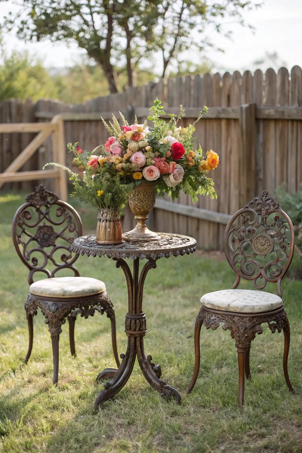Vintage wrought iron pieces evoke nostalgic charm for outdoor get-togethers.