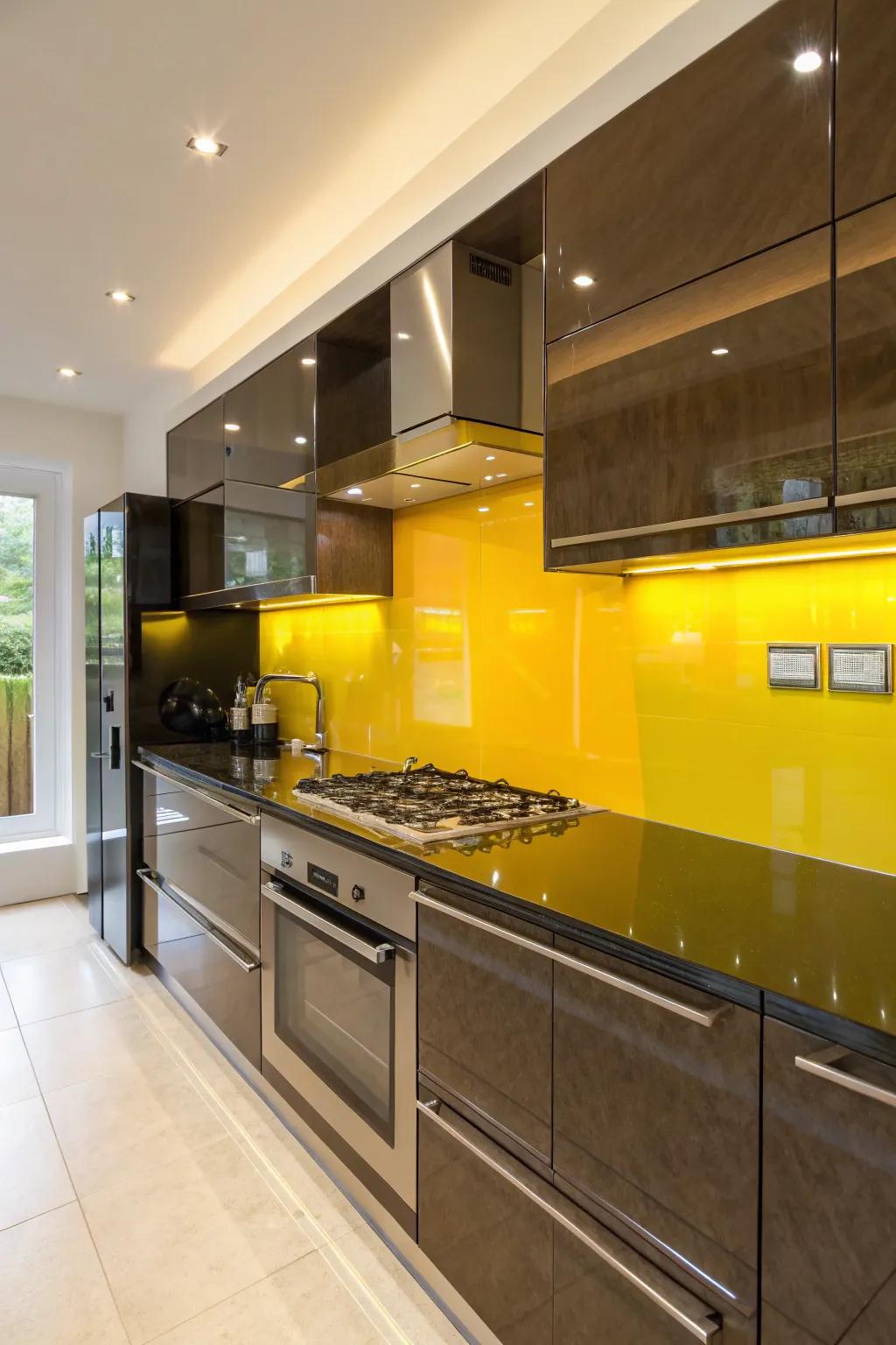 Goldenrod glass panes provide a polished and sleek backsplash.