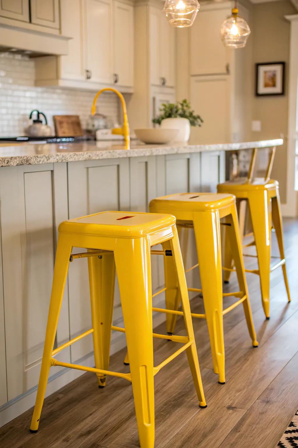 Canary bistro stools provide a cheerful contrast within an otherwise balanced kitchen.