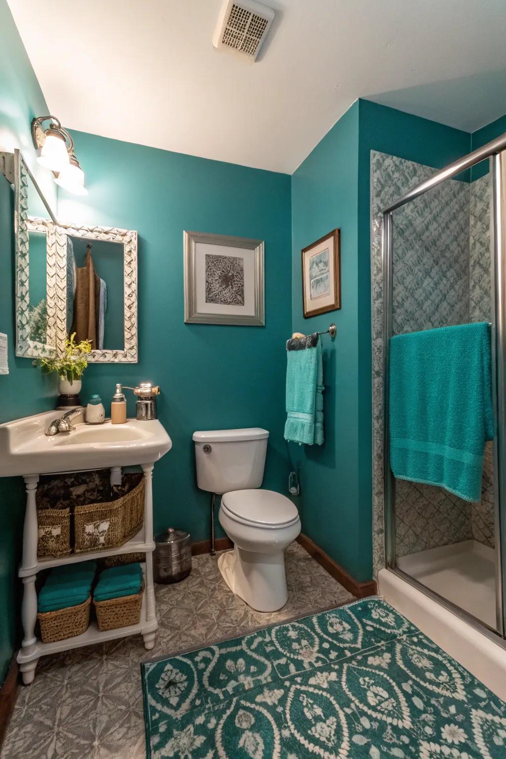 Deep teal walls create a striking look in this half bath.