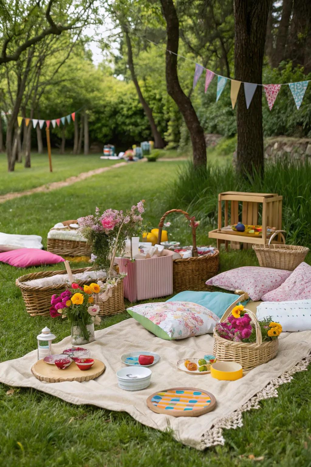 An outdoor picnic party setup featuring radiant colors and inviting blankets.