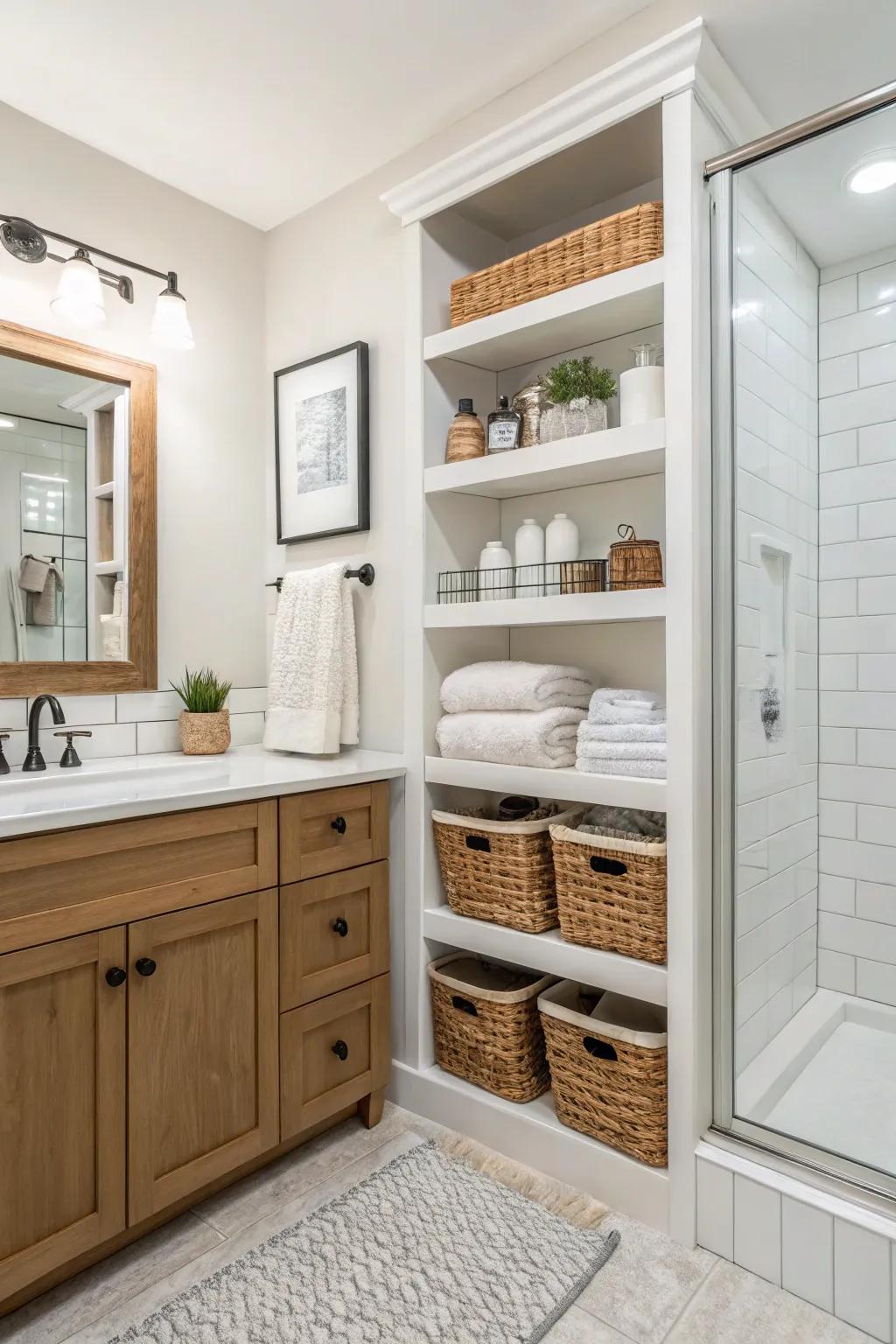 Clever storage solutions with cabinets and shelving that are mounted on the wall.
