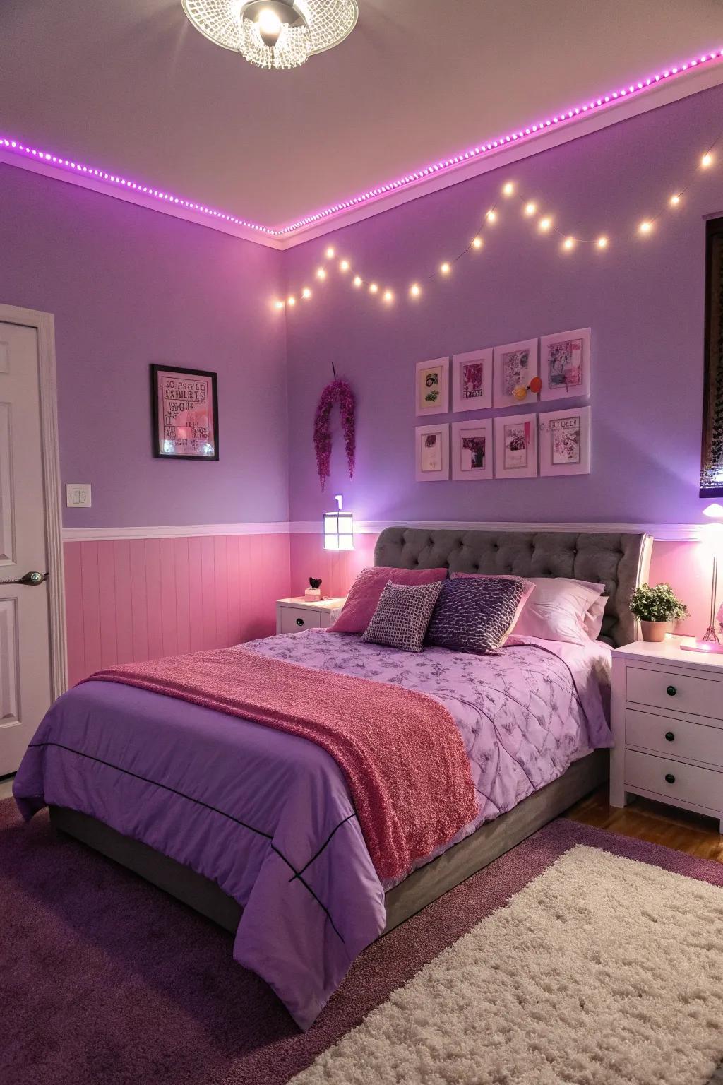A harmonious purple and pink themed bedroom with LED lighting.