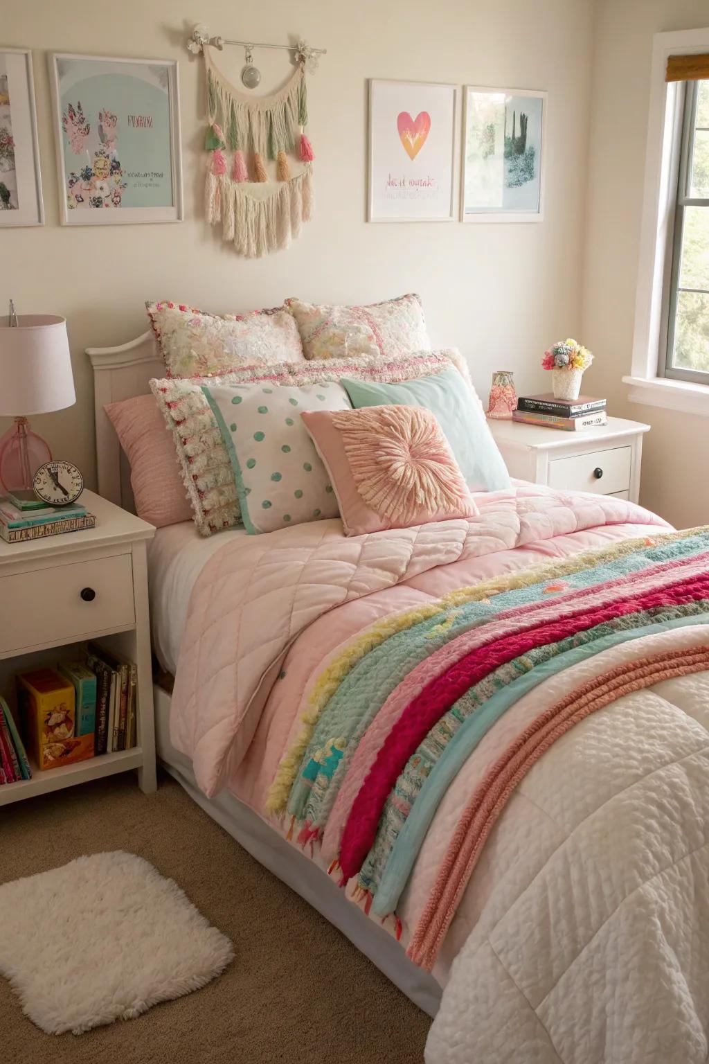 A comfortable and inviting bed with layered bedding.