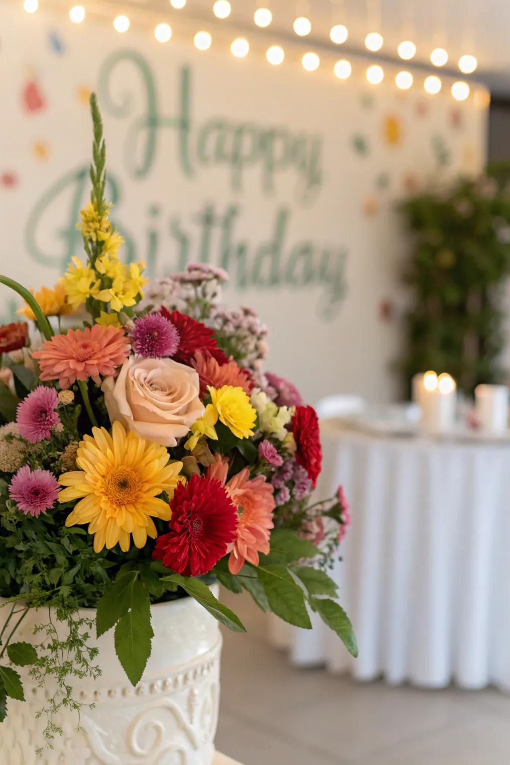 A floral fantasy infuses the party scene with natural elegance.