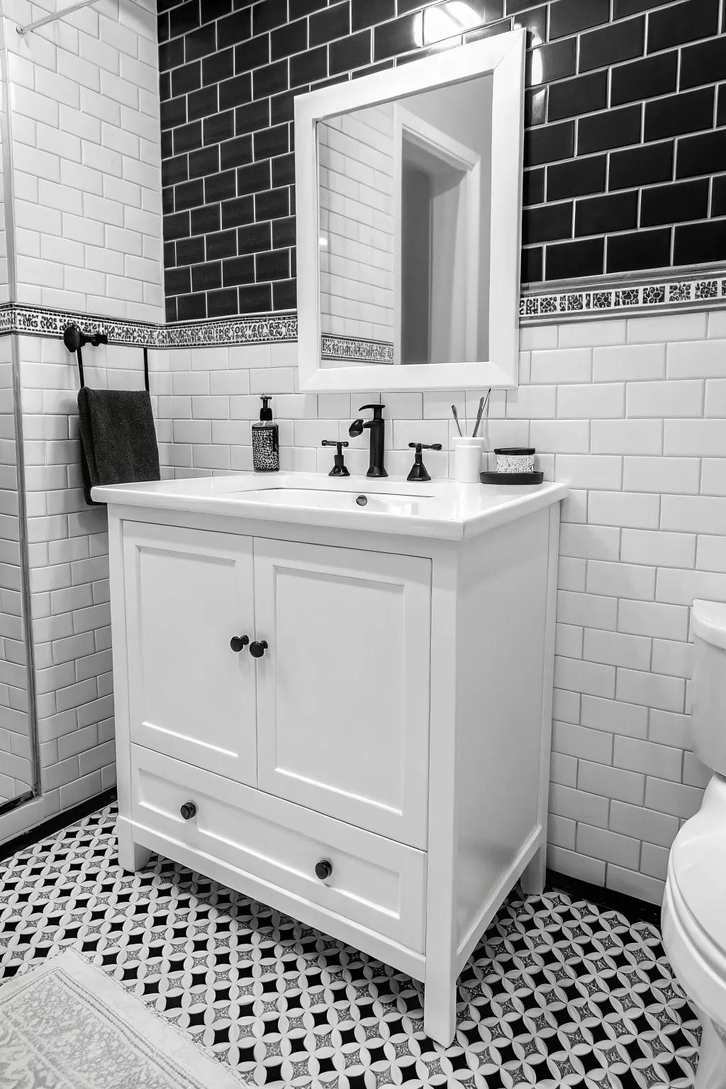 Gain ageless elegance using a black and white vanity.