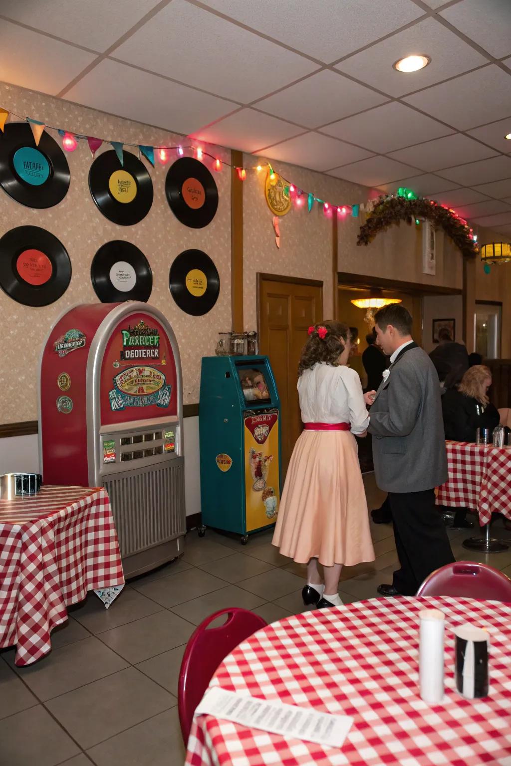 A nostalgic 50s-themed celebration arrangement showcasing retro style.