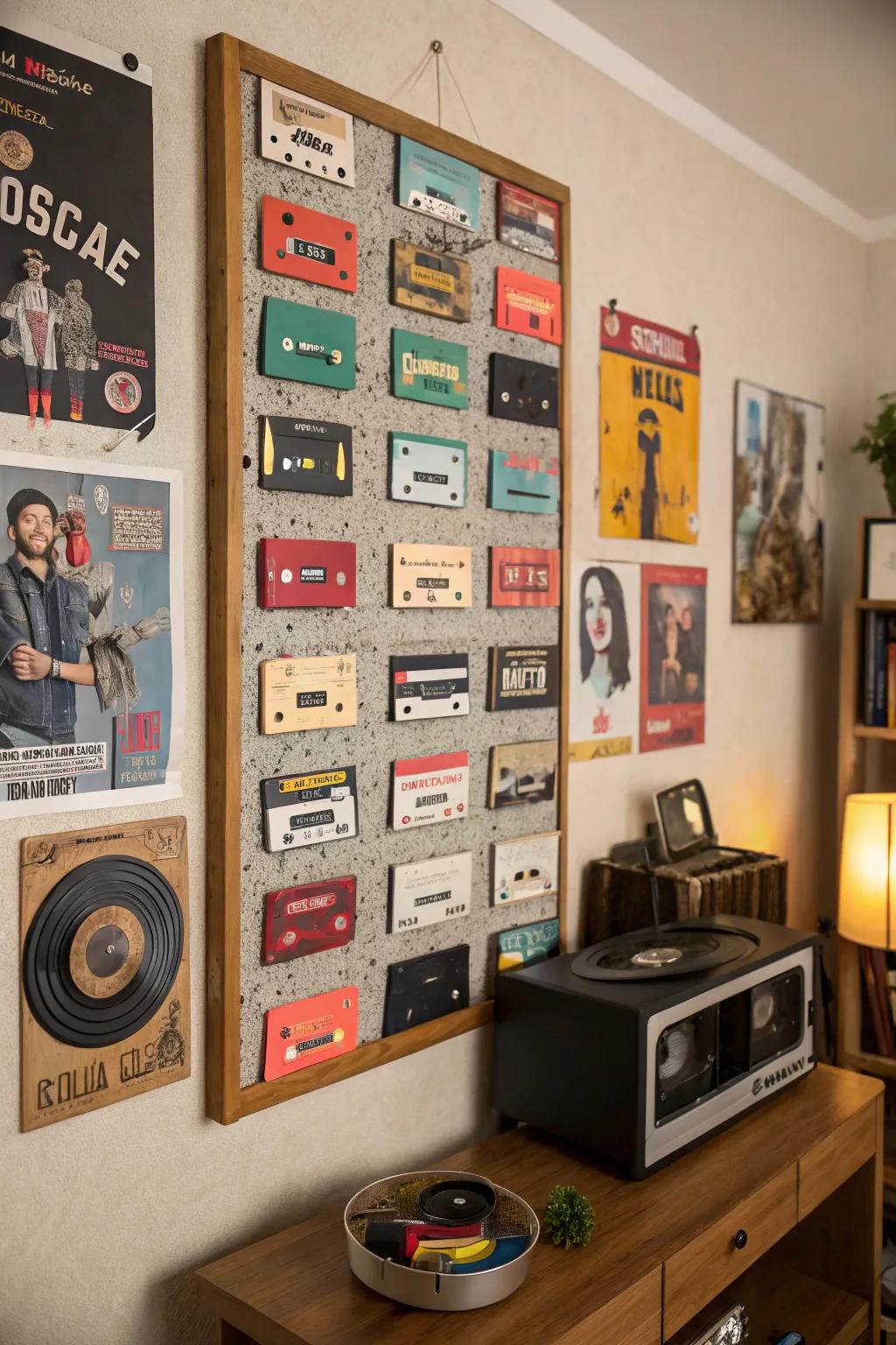 Sound cassettes functioning as tacks on a retro-themed pinboard.