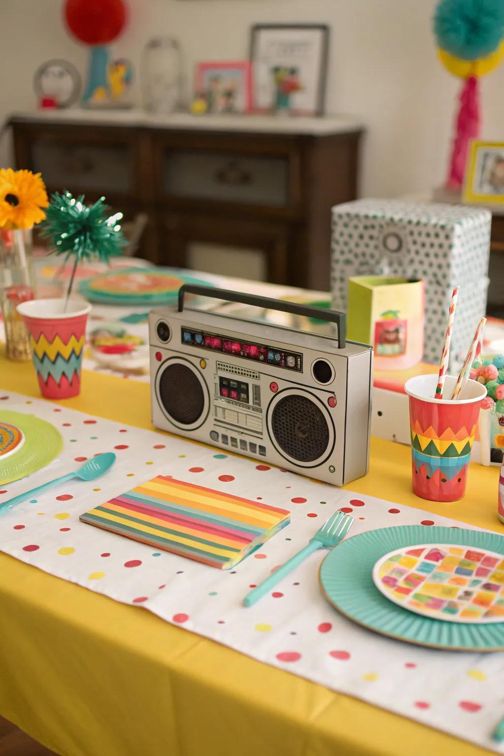 Boom box centerpieces add a touch of 80s music culture.