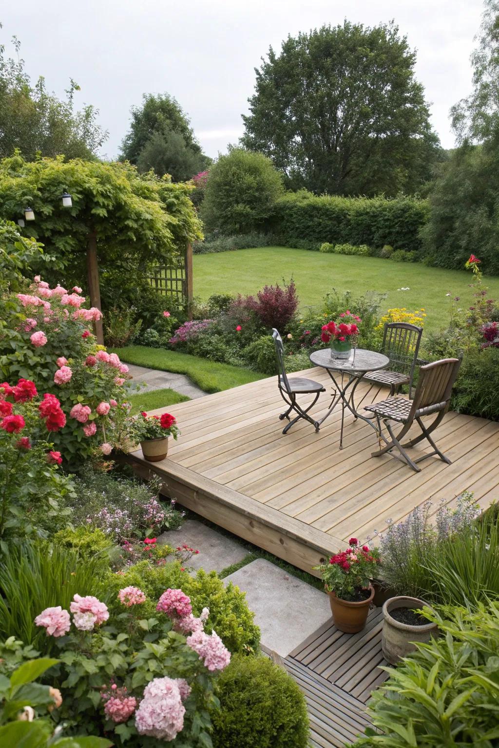 A deck harmoniously integrated into a thriving garden.