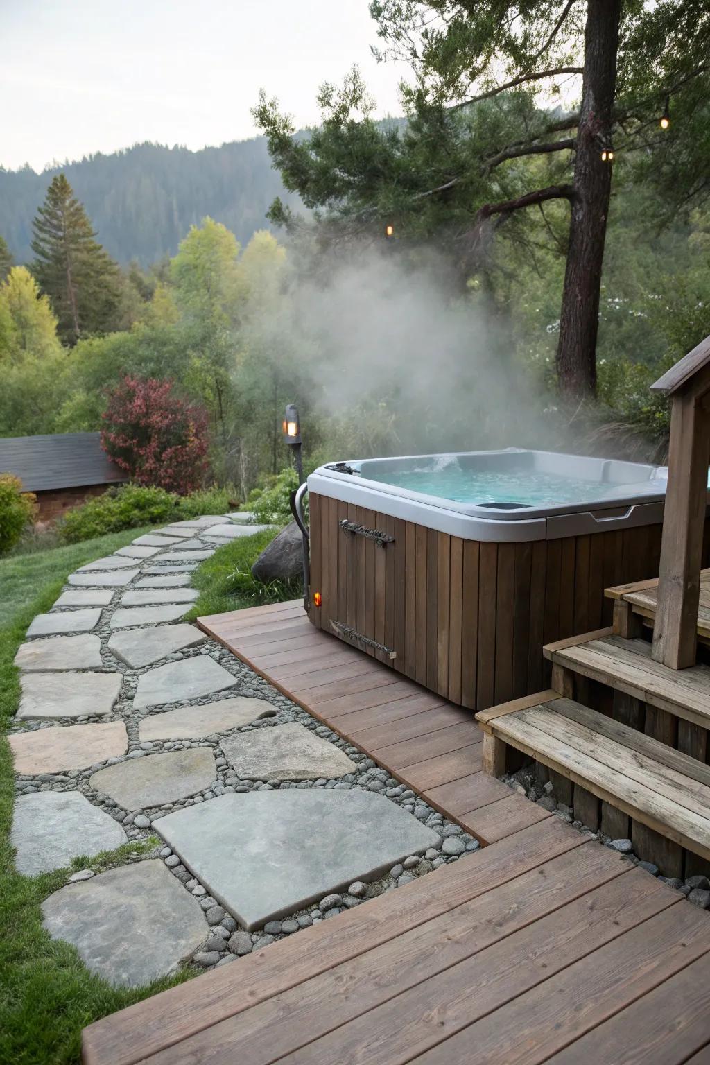 Stone and wood accents add rustic charm to your hot tub area.