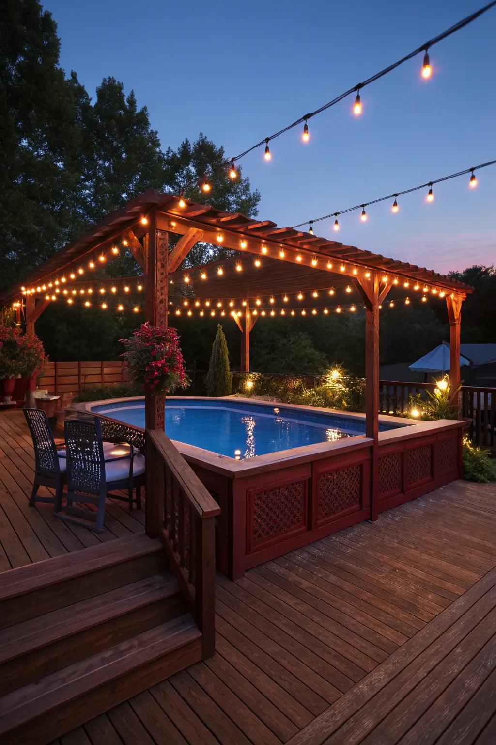 Illuminate your evenings with festoon lights for a captivating poolside getaway.
