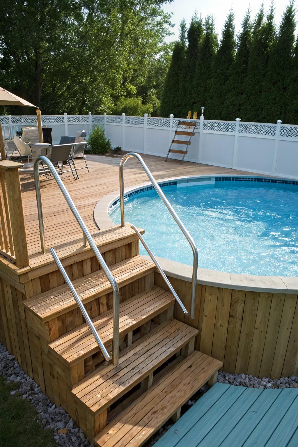 Access the pool safely and stylishly with ladders and steps.