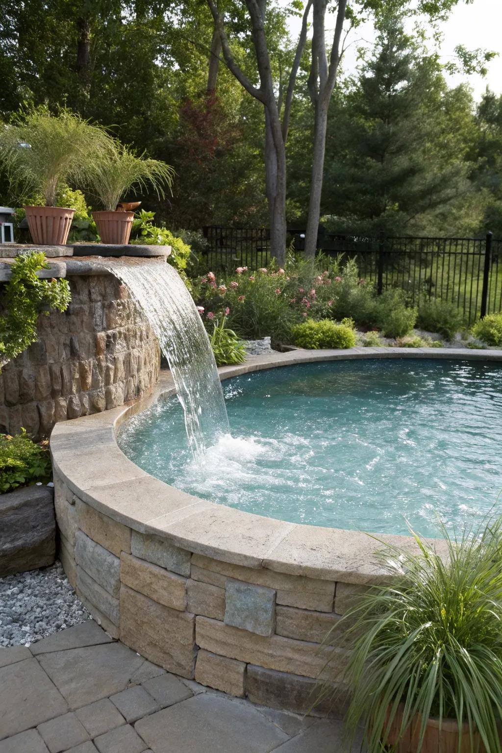 A waterfall adds a luxurious feel to your above ground pool.