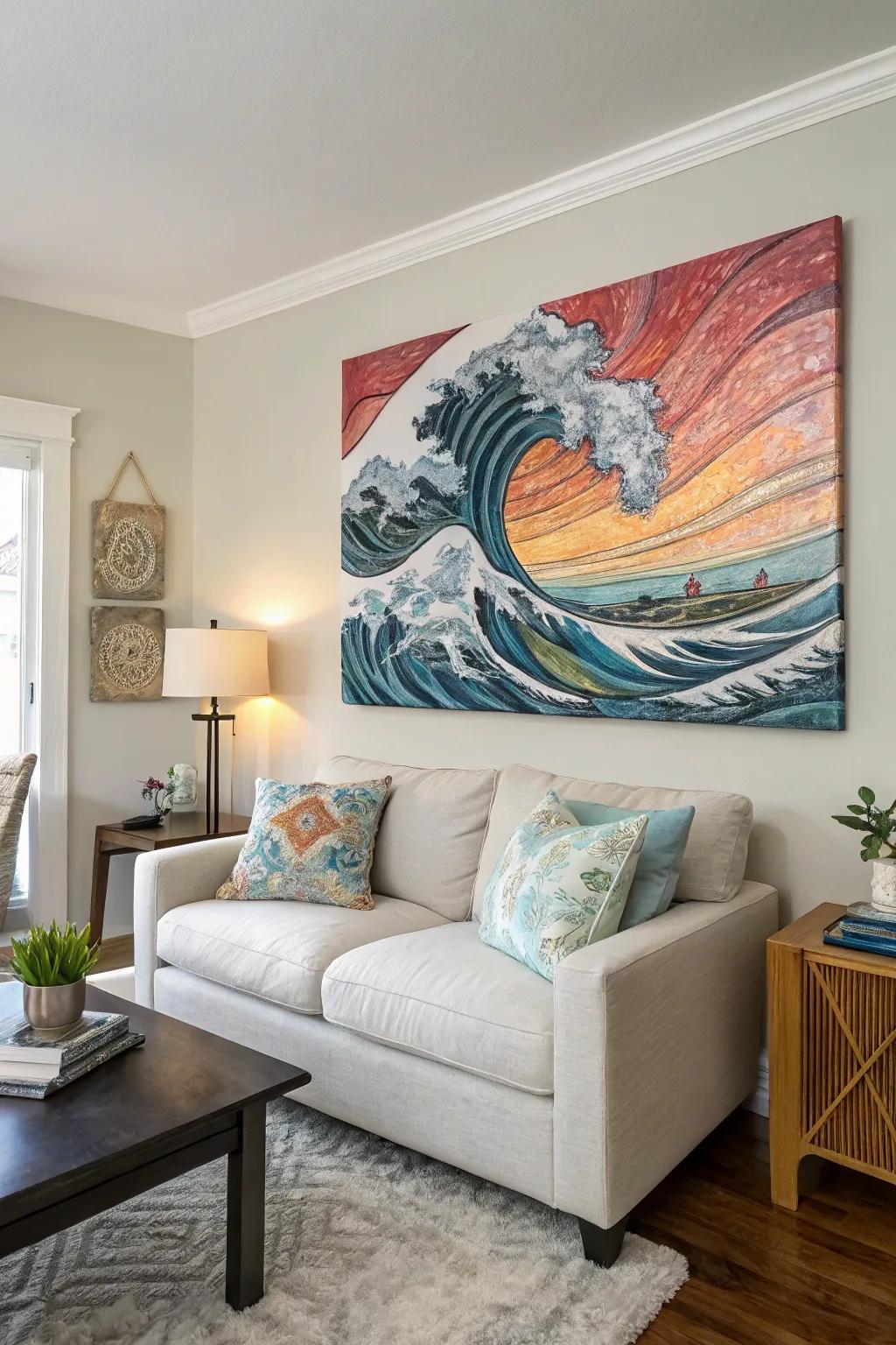 This living room's ripple patterns promote movement and tranquility.