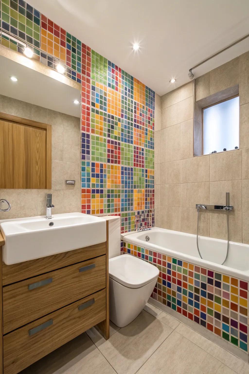 Mosaic tiles transform an accent wall into a stunning piece of art.