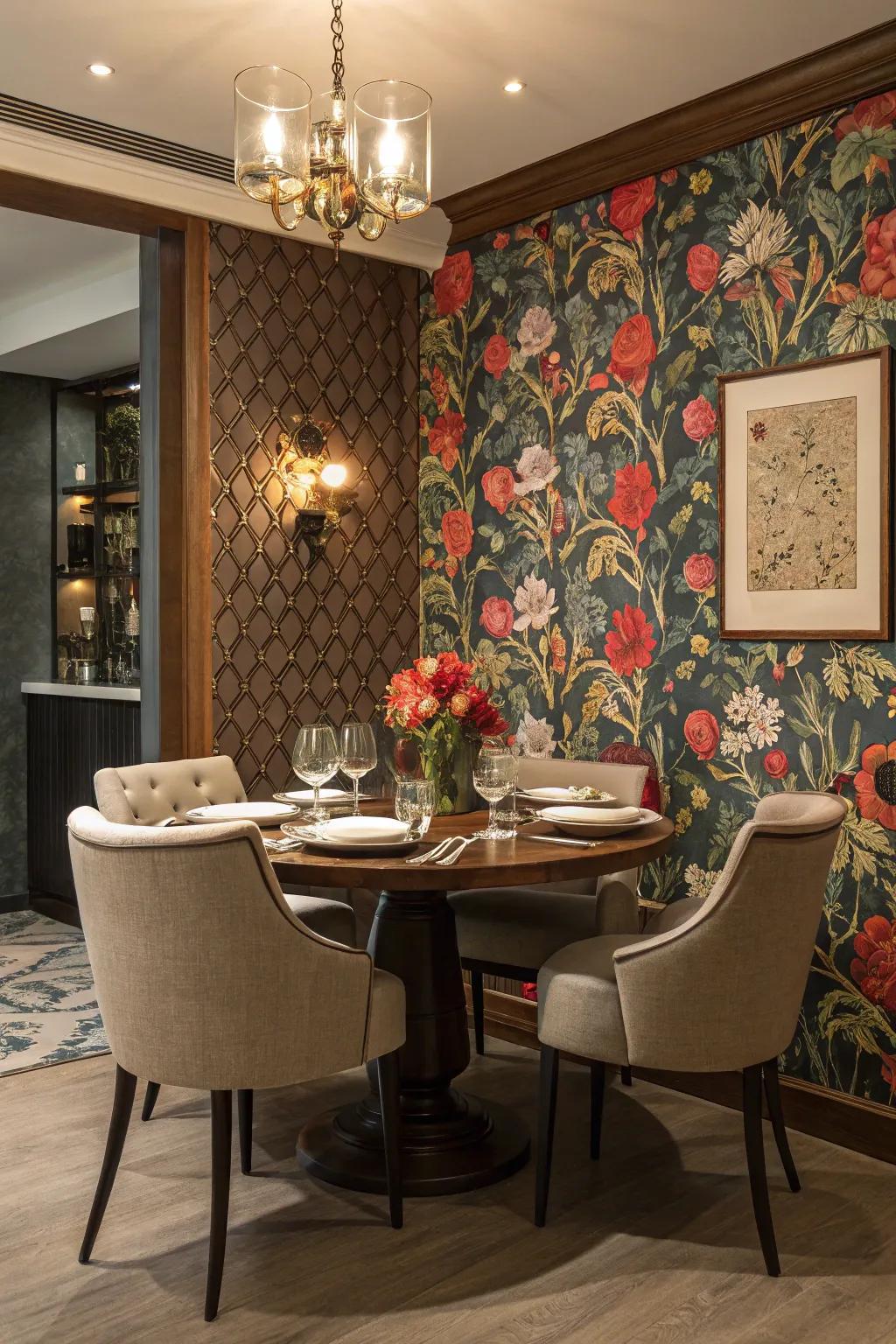 Bold floral wallpaper turns the dining room into a dynamic and vibrant space.