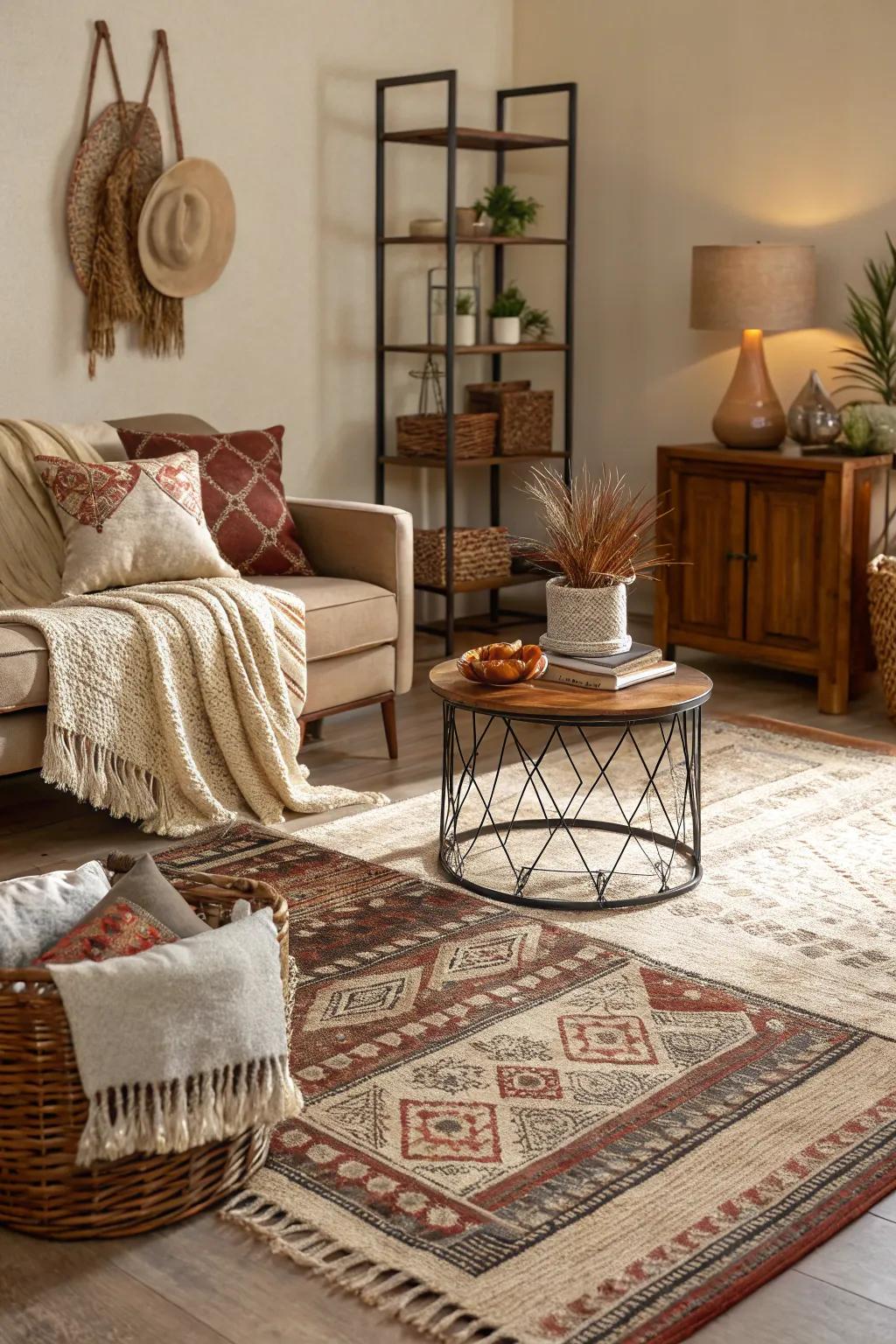 Layering textures constructs a rich and welcoming atmosphere.