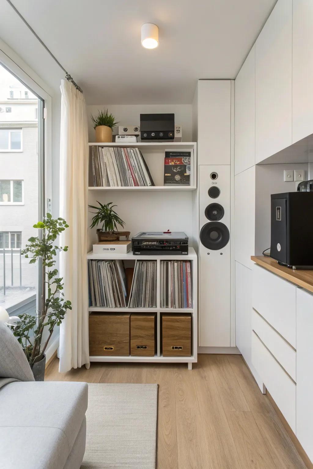 A streamlined vinyl storage unit optimized for small living areas.