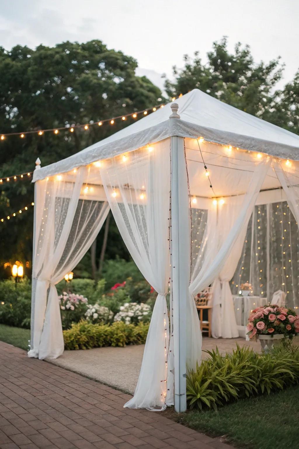 A whimsical white tent arrangement perfect for celebrating outdoors.