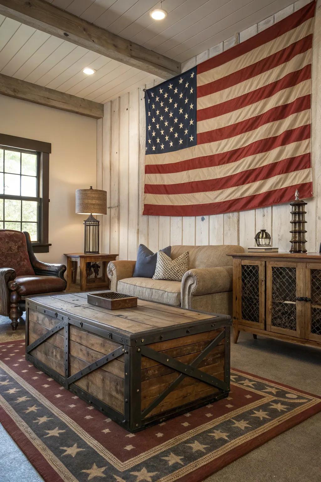 Earthy charm is awakened by a vintage Stars and Stripes centerpiece.
