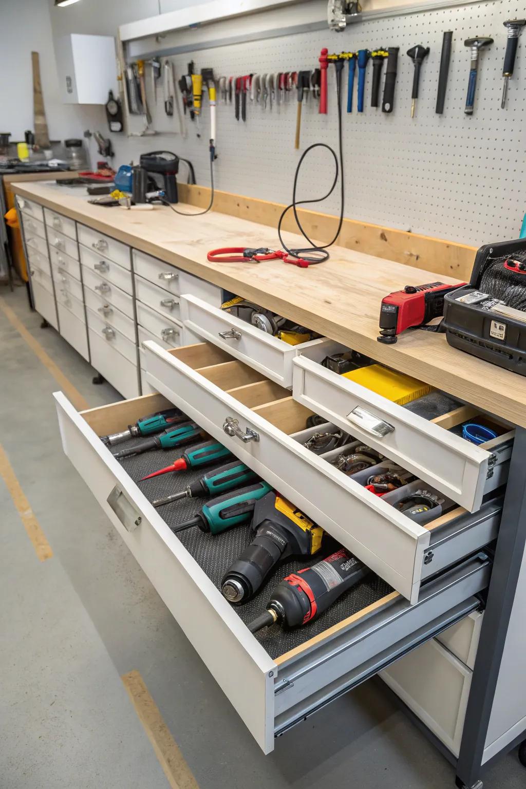 Angle grinders stored neatly and accessibly under the workbench.