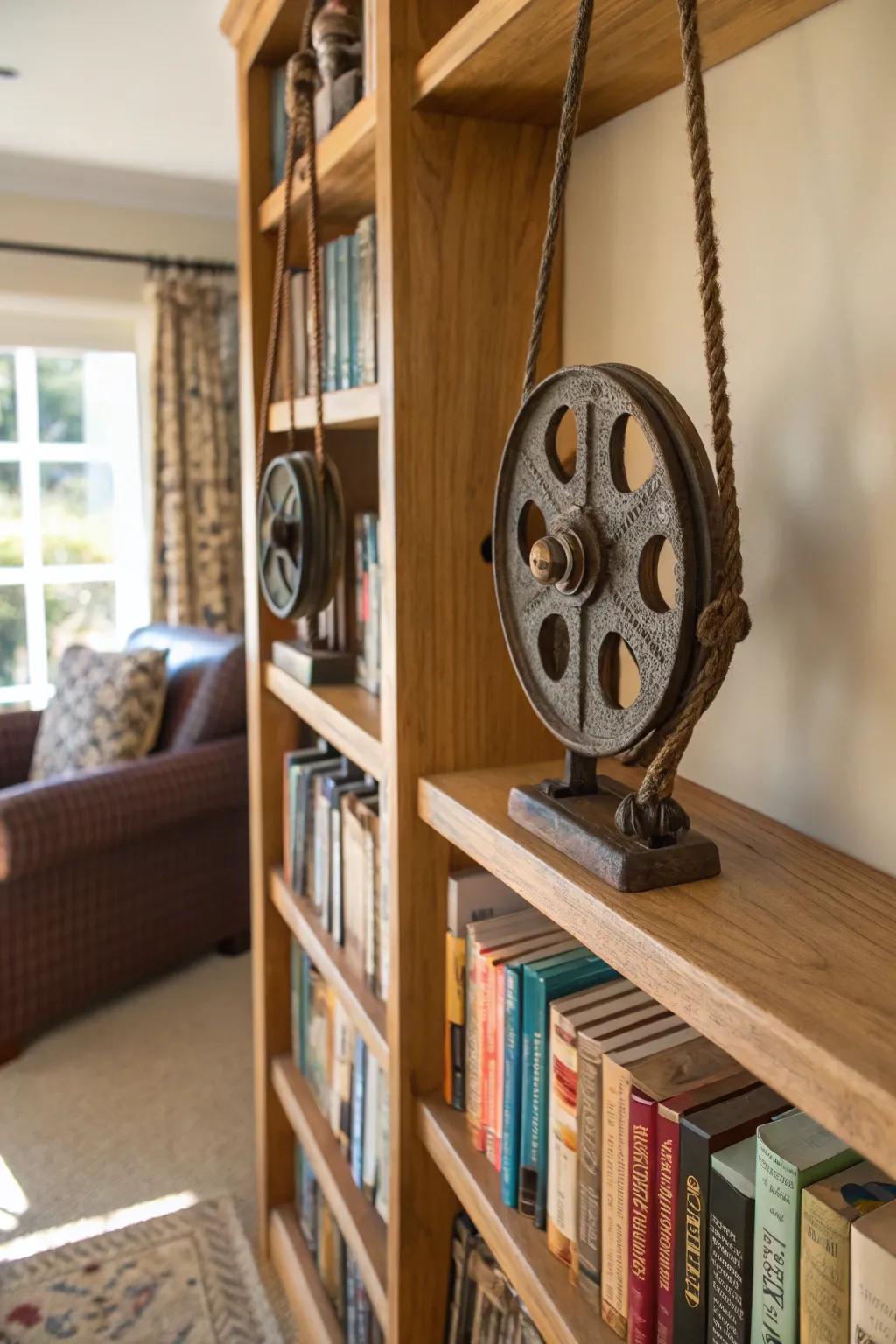Pulleys converted to elegant book dividers for a classic touch.