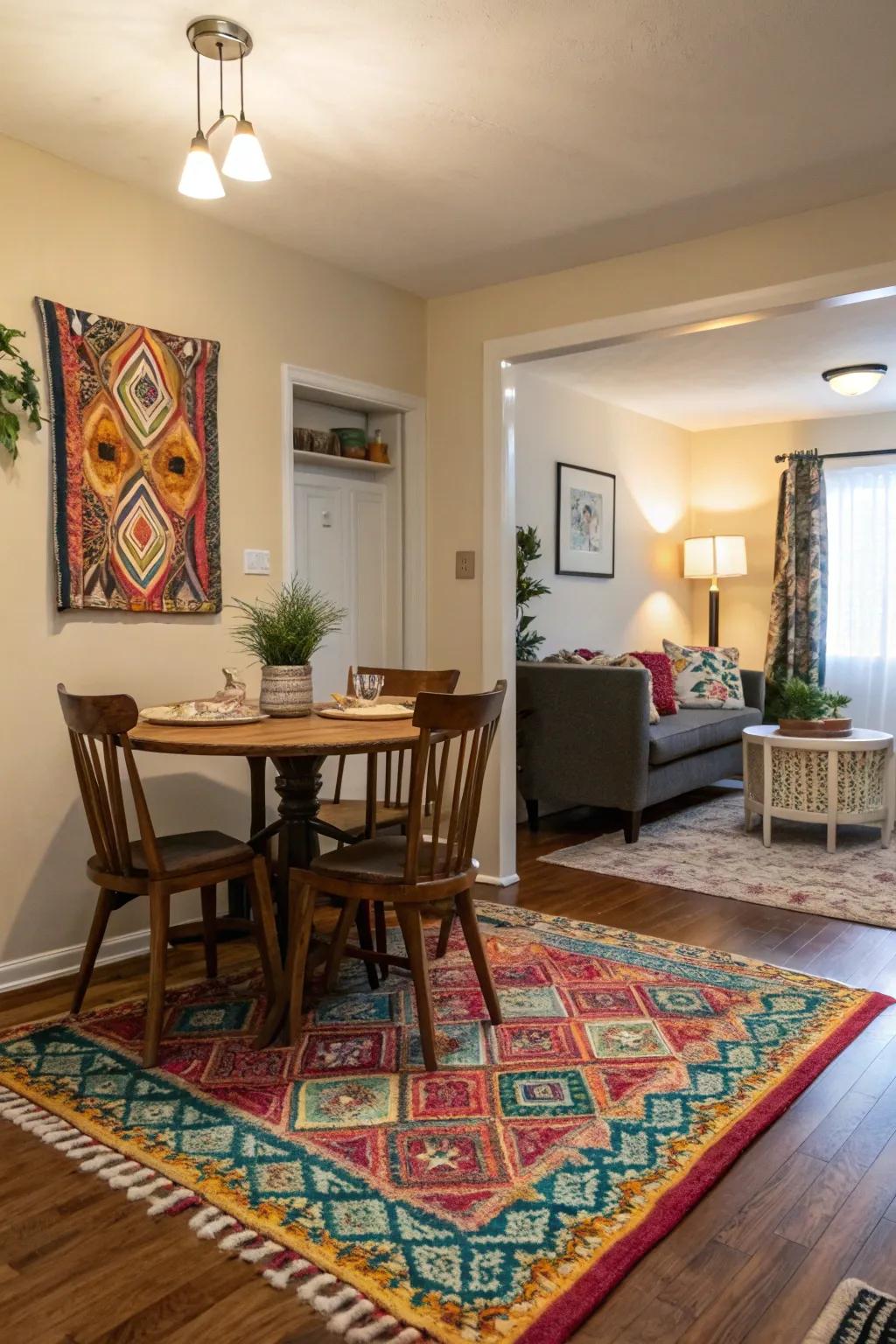 Carpets establish a unique dining section.