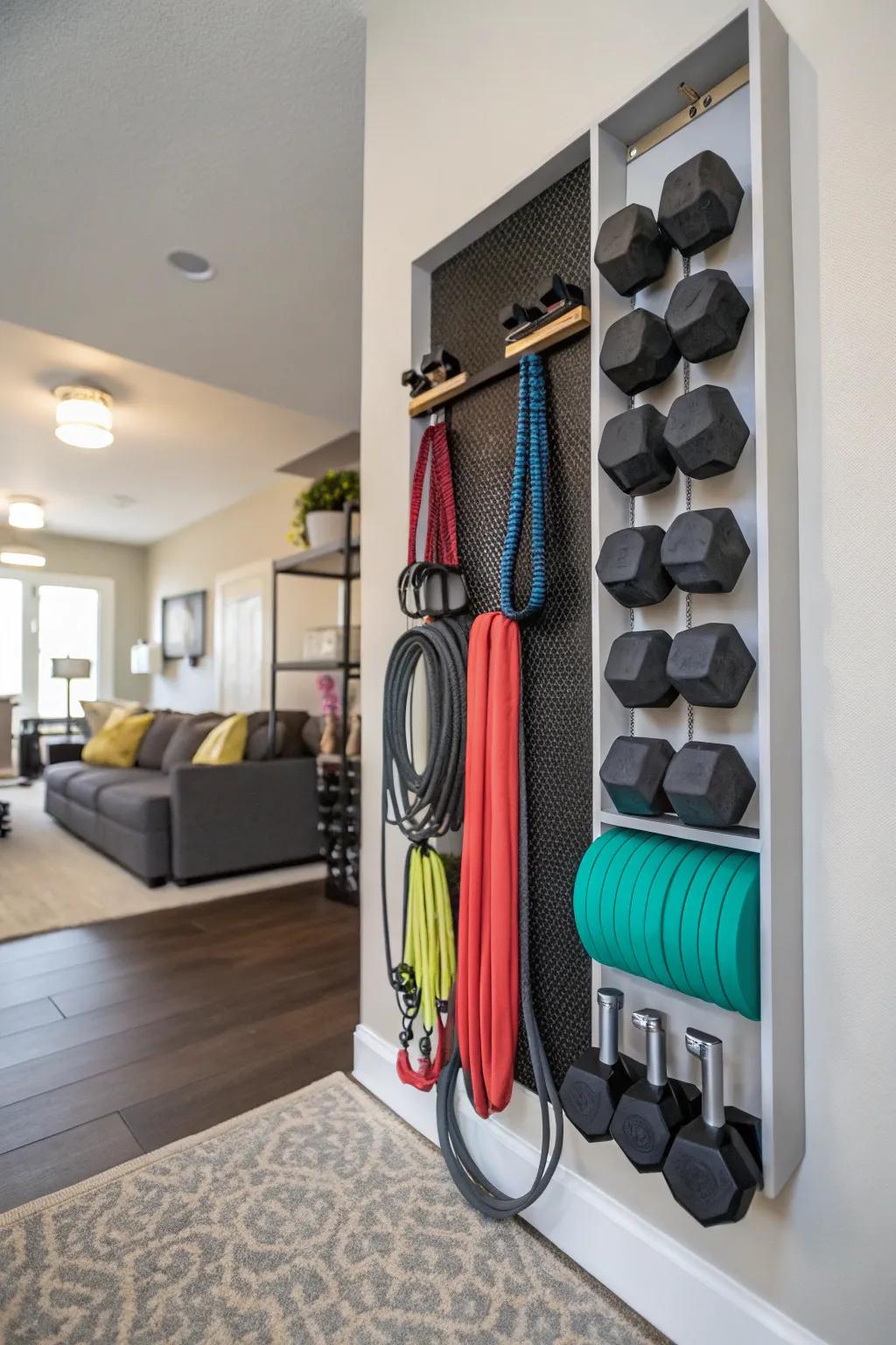 Having things stored well keeps your gym clean and easy to use.