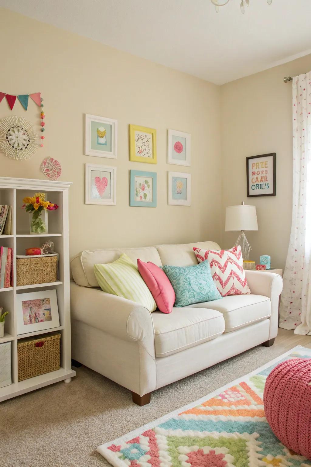 Soft tones and spirited accents help sustain an open and ventilated ambiance within a confined living space.