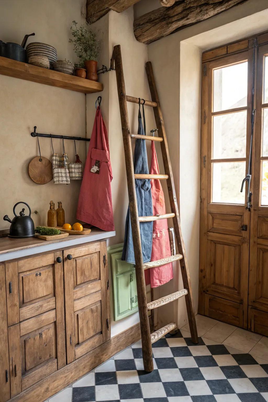 An old-fashioned ladder enhances your apron display with country-style charm.