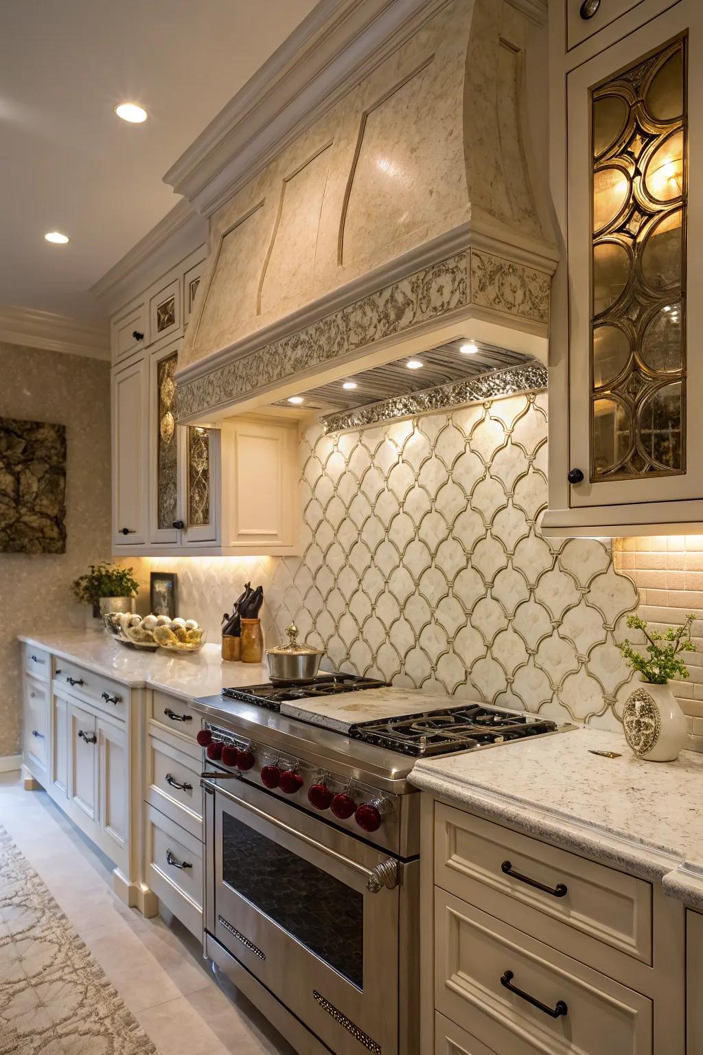 A lavish kitchen featuring a textured arabesque tile backsplash that enhances visual depth.
