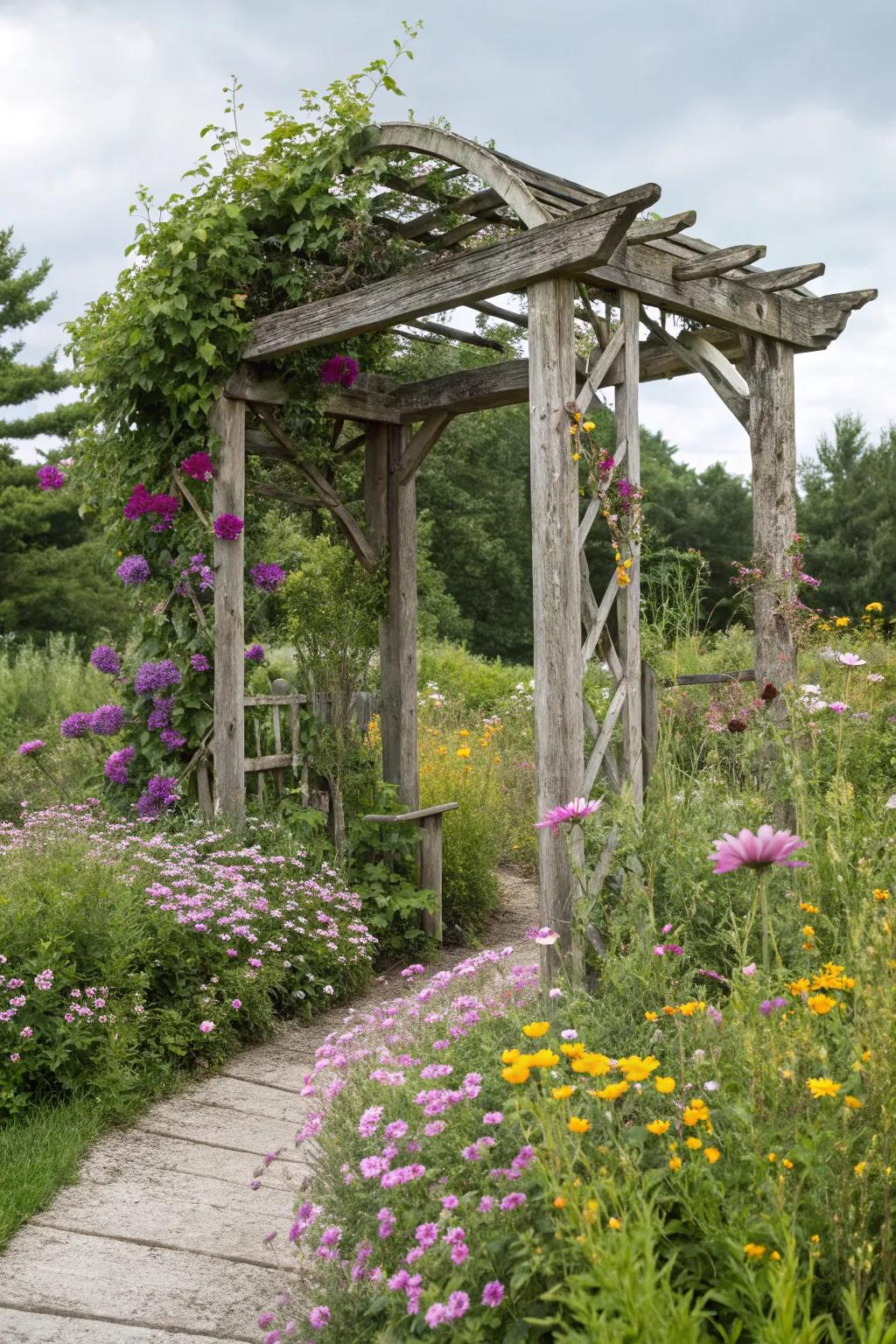 A rustic wood arbor amidst a field of wildflowers.