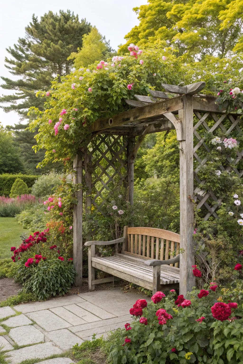 A trellis arbor with seating provides a peaceful garden retreat.