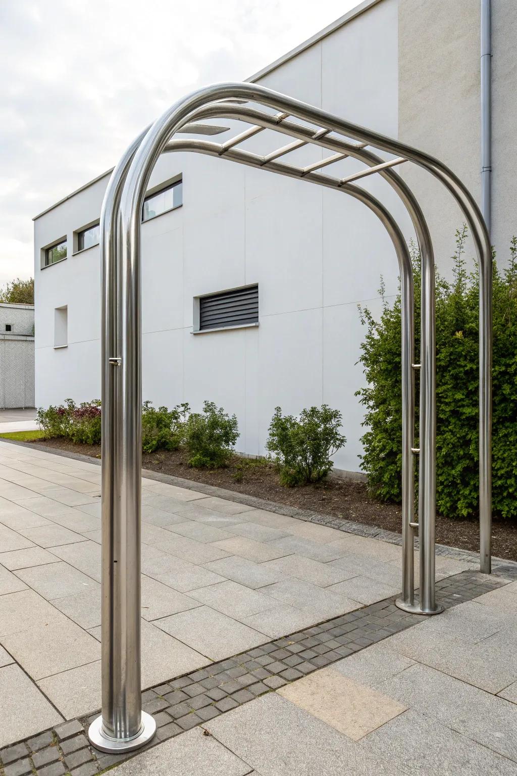 A minimalist arch fashioned from metallic conduits delivers a pristine, modern visage.