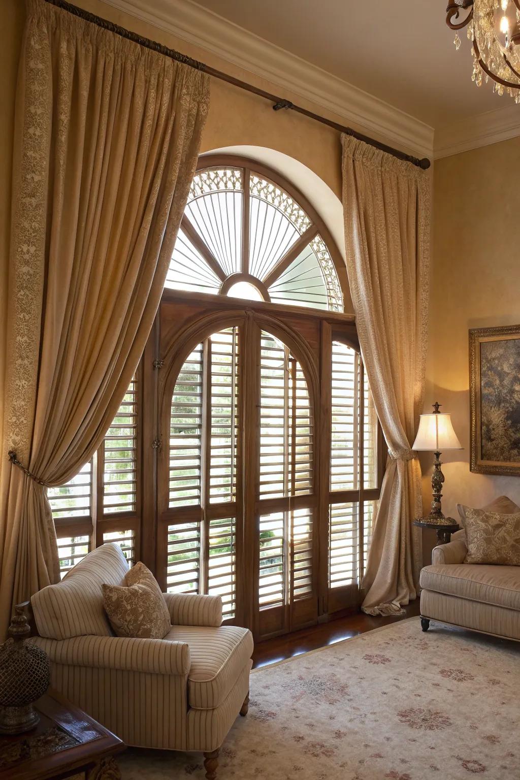 A snug living chamber highlights layered window embellishments on arched windows, creating a multi-dimensional effect.