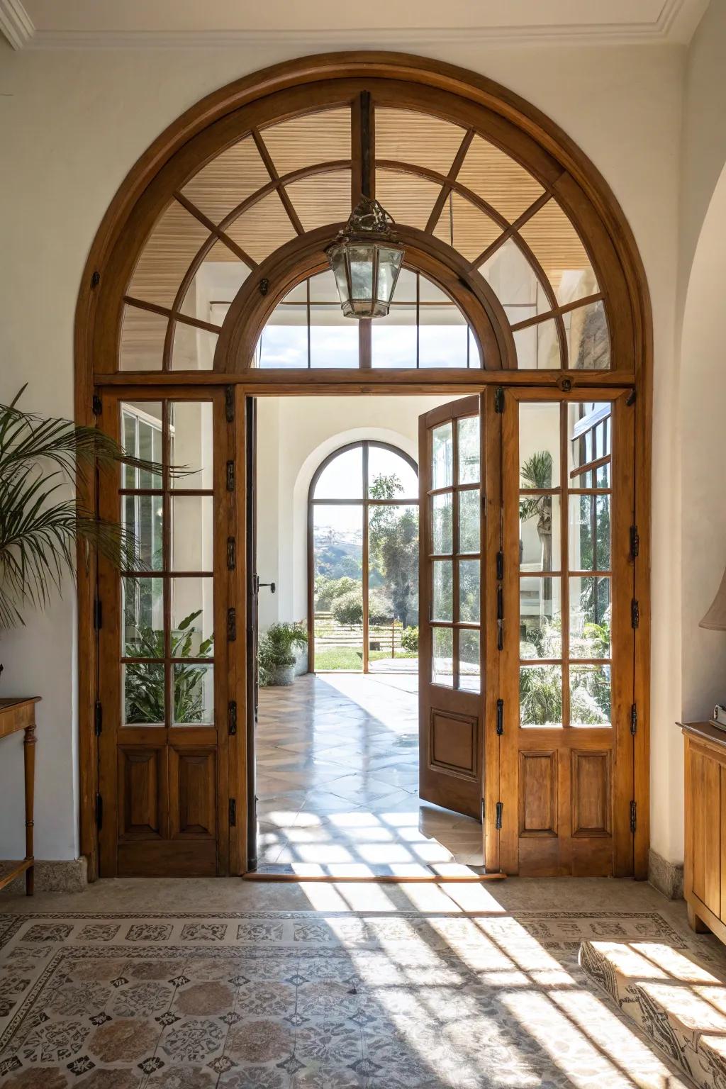 A crystal archway door drawing natural light into a vibrant and airy interior.