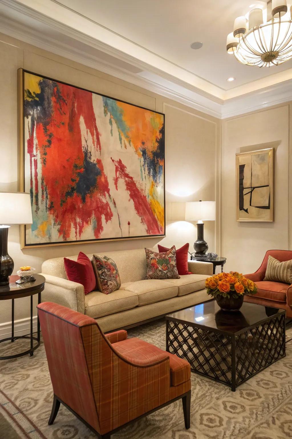 An abstract painting splashes color and creativity into this stylish lounge.
